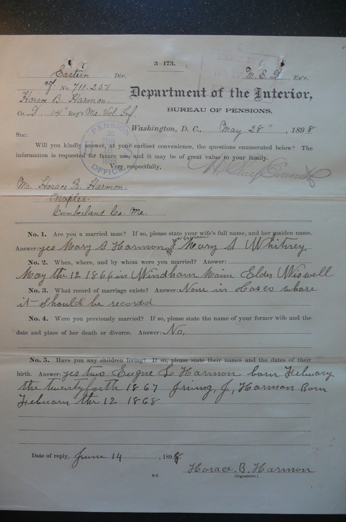 Reply to Inquiry, 1898