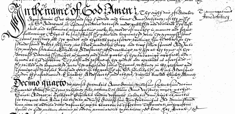 Will of Anne Whitney, Widow of Saint Andrew Holborn, Middlesex, 1610.png