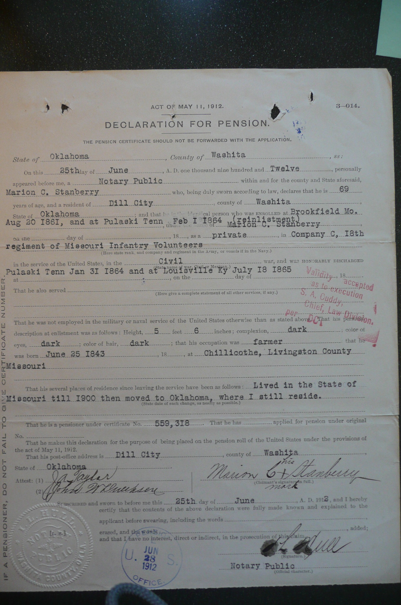 Soldier's Declaration for Pension, 1912