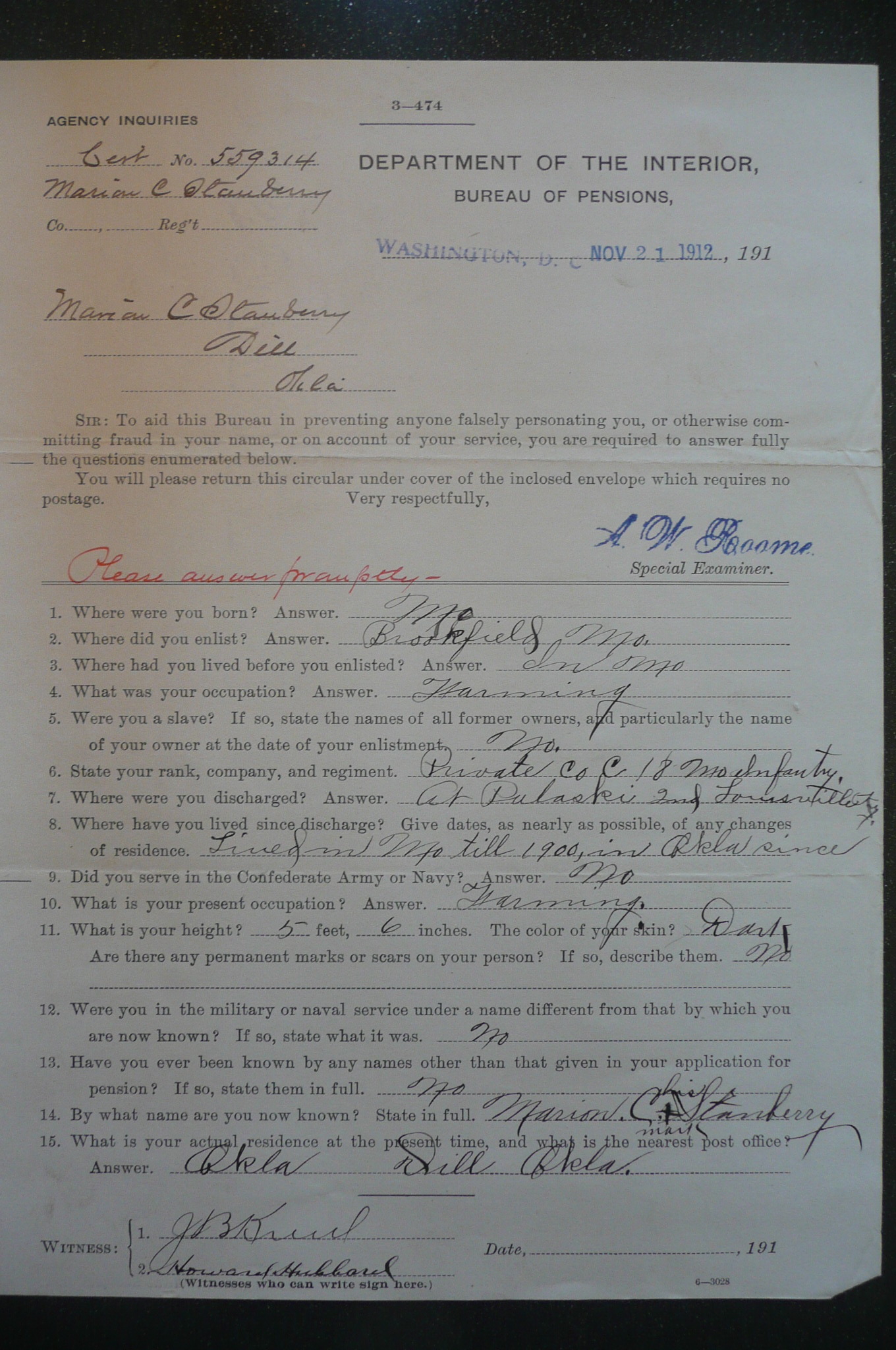Reply to Inquiry, 1912