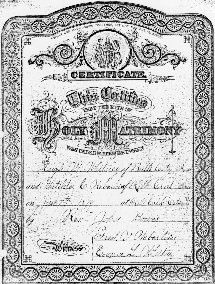 Hugh M. Whitney Family Bible - marriage of Hugh M. Whitney to Mathilda C. Heberlein, 1879.gif