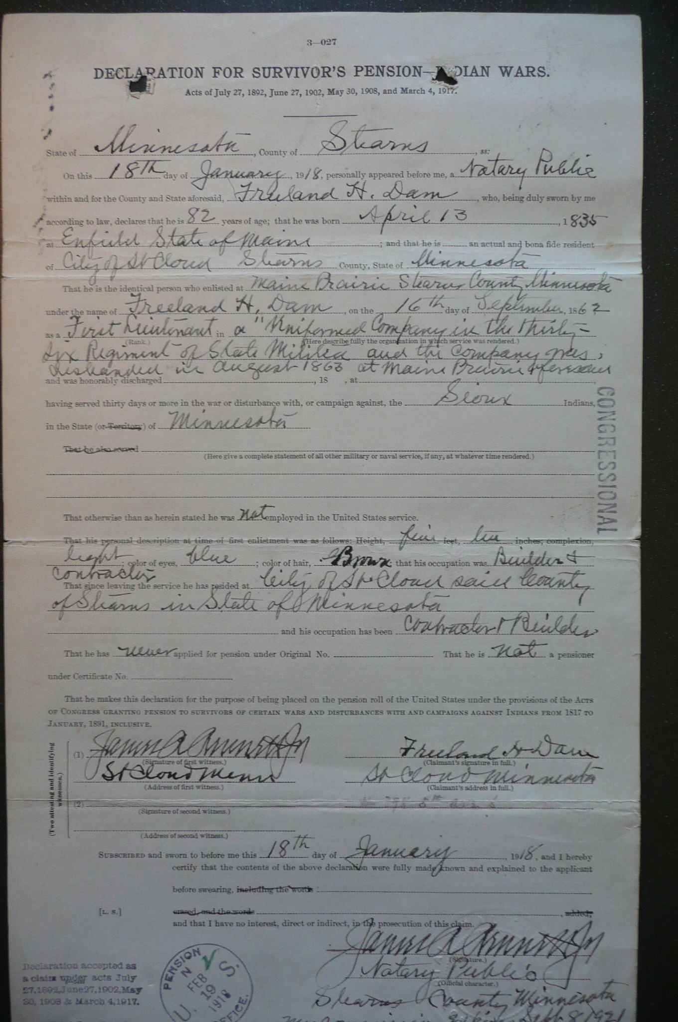 Soldier's Pension Declaration, 1918
