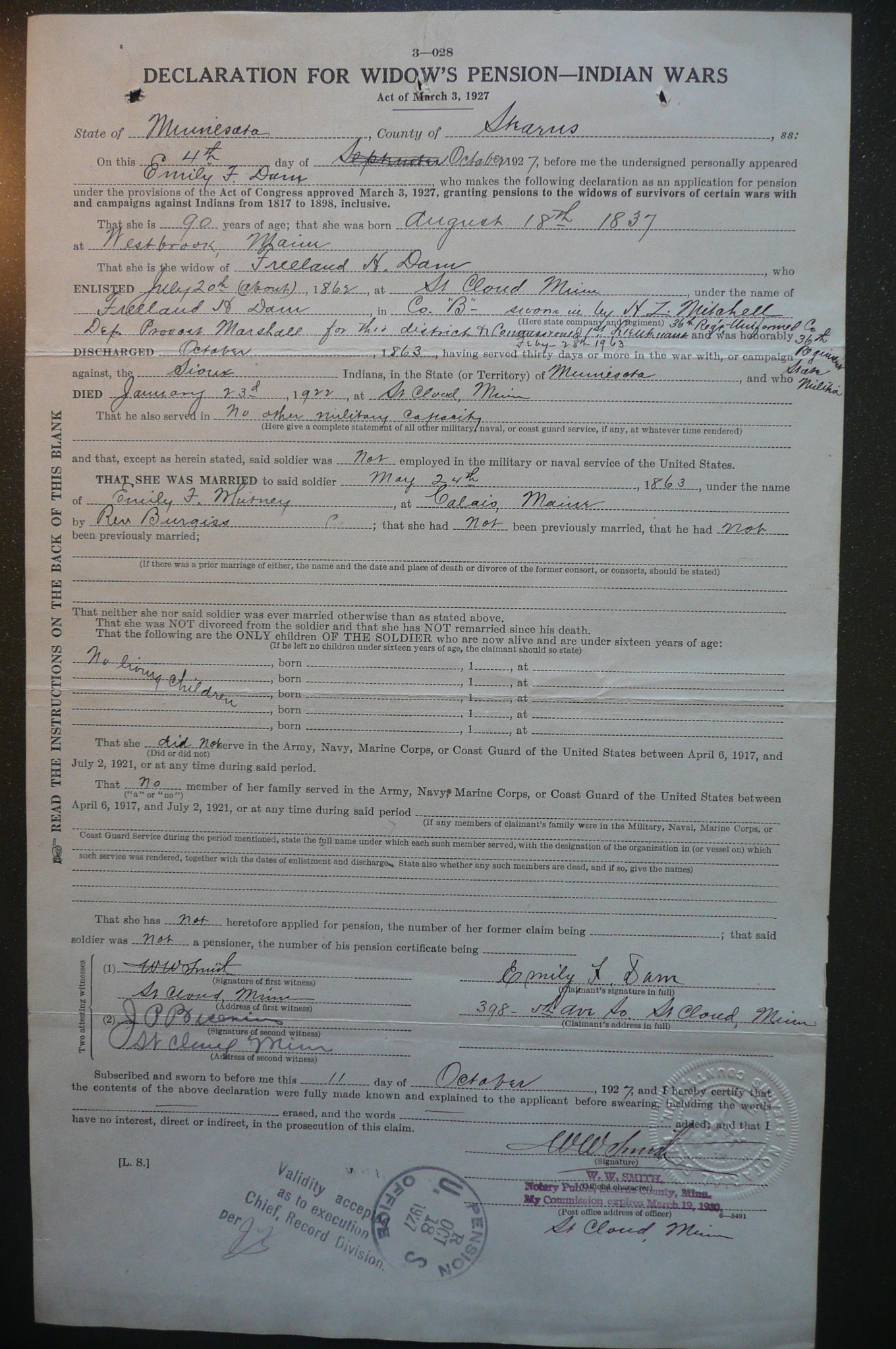 Widow's Pension Application