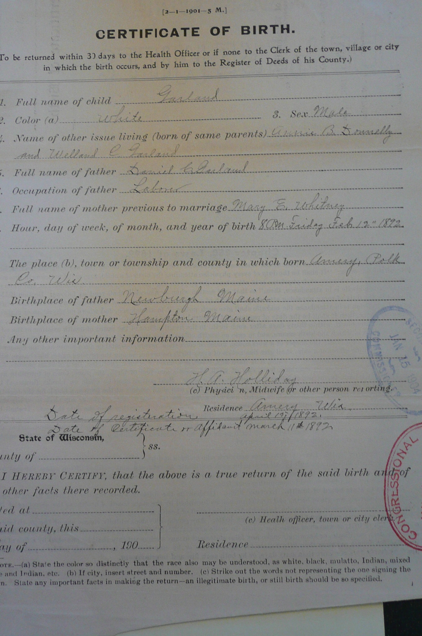 Earl Garland Birth Certificate