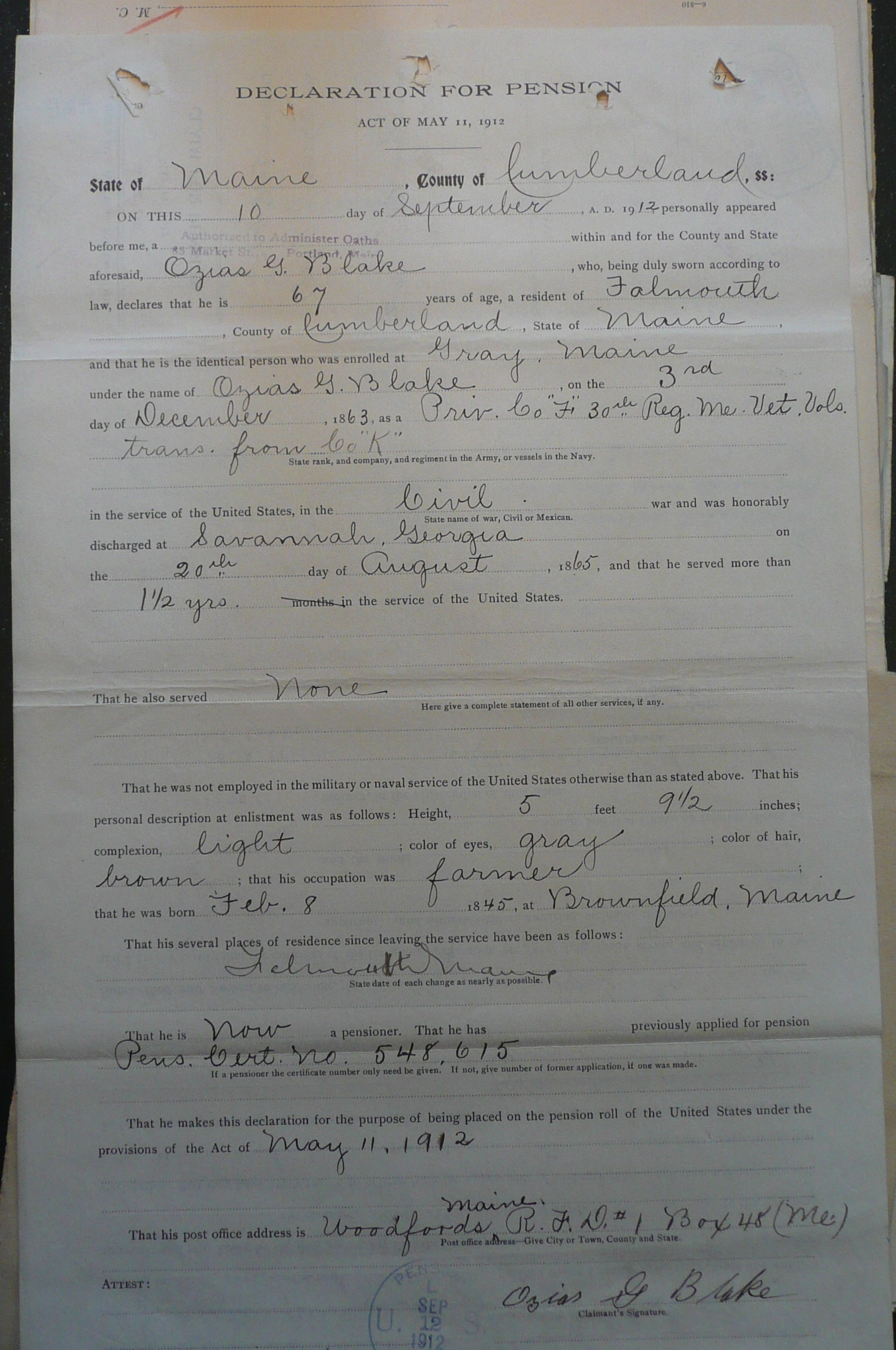 Soldier's Declaration for Pension, 1912