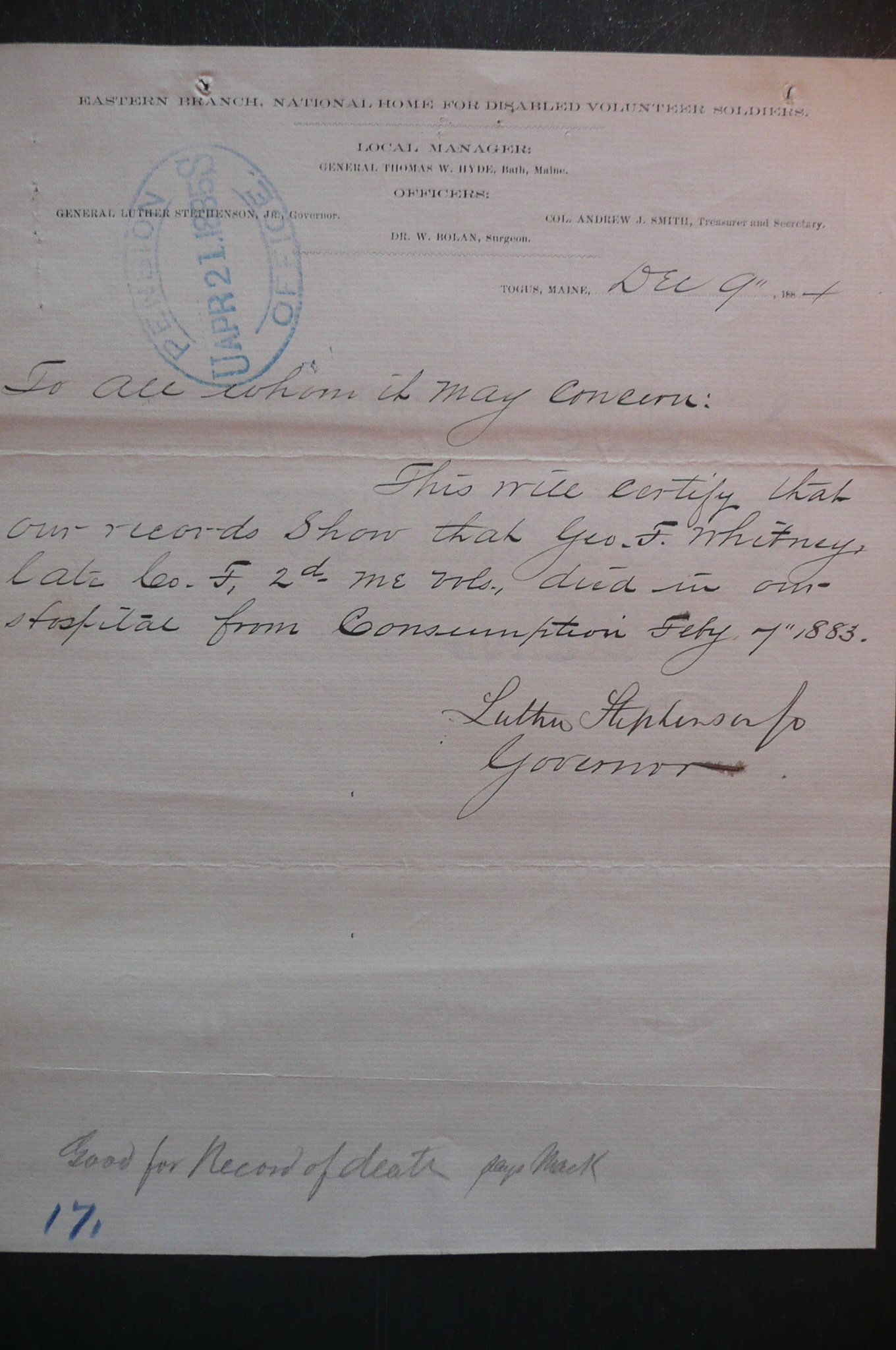 Soldier's Death Certificate