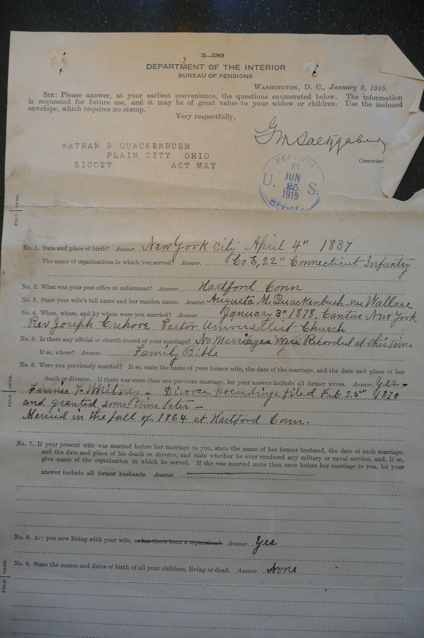 Reply to Inquiry, 1915