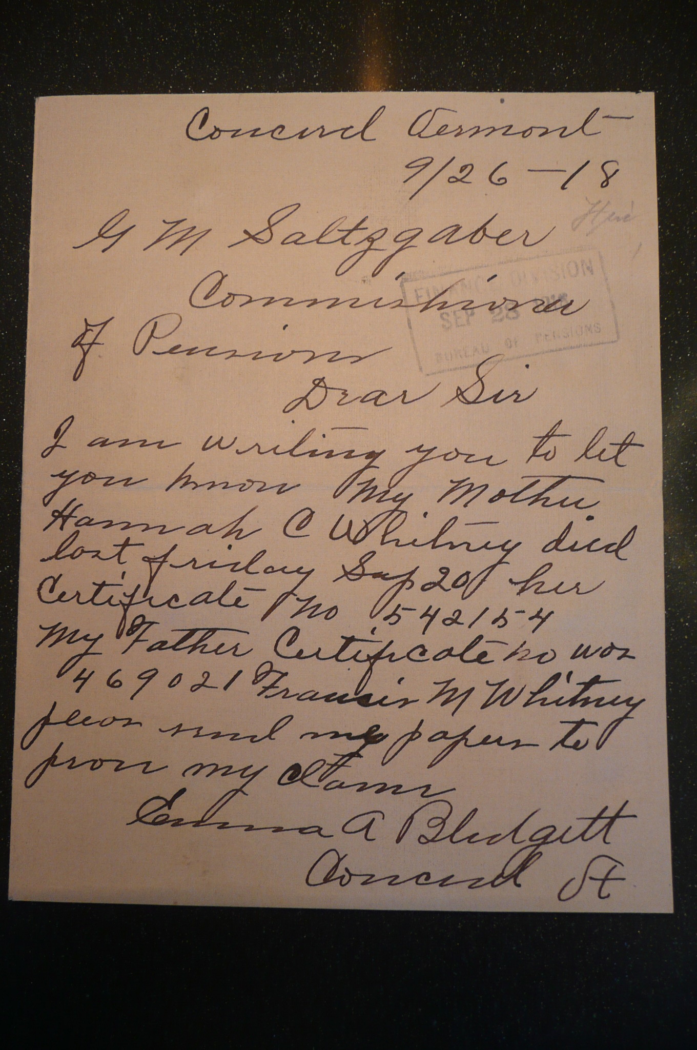 Notice of Widow's death, 1918